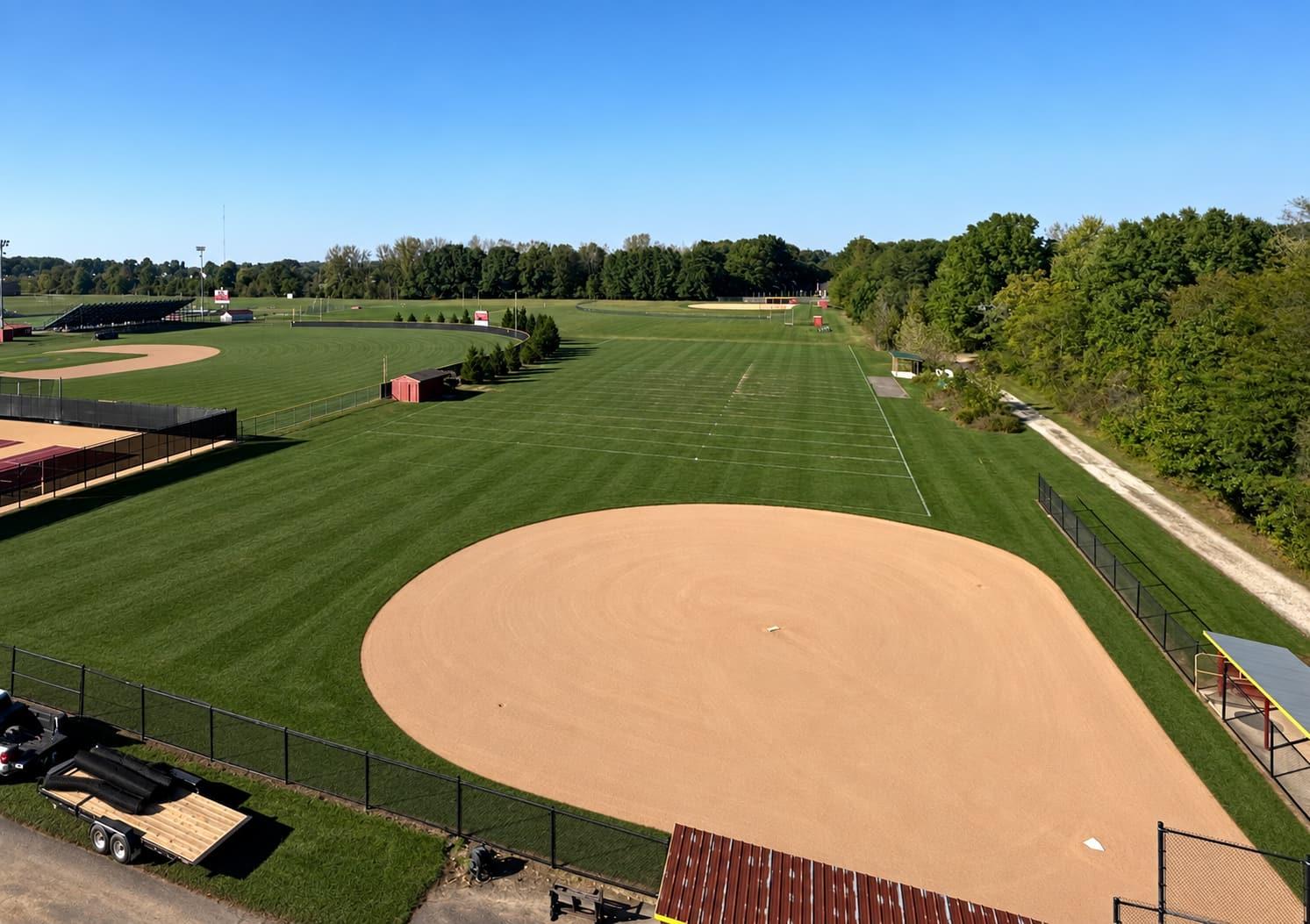 Aerial view of baseball and softball fields maintained by PFL Construction
